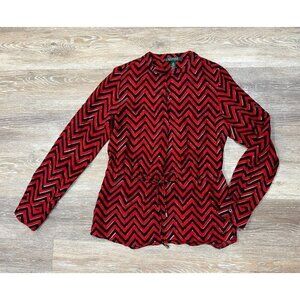 Ralph Lauren Sz S Red Black Chevron Herringbone Drawstring Peplum Tunic Blouse